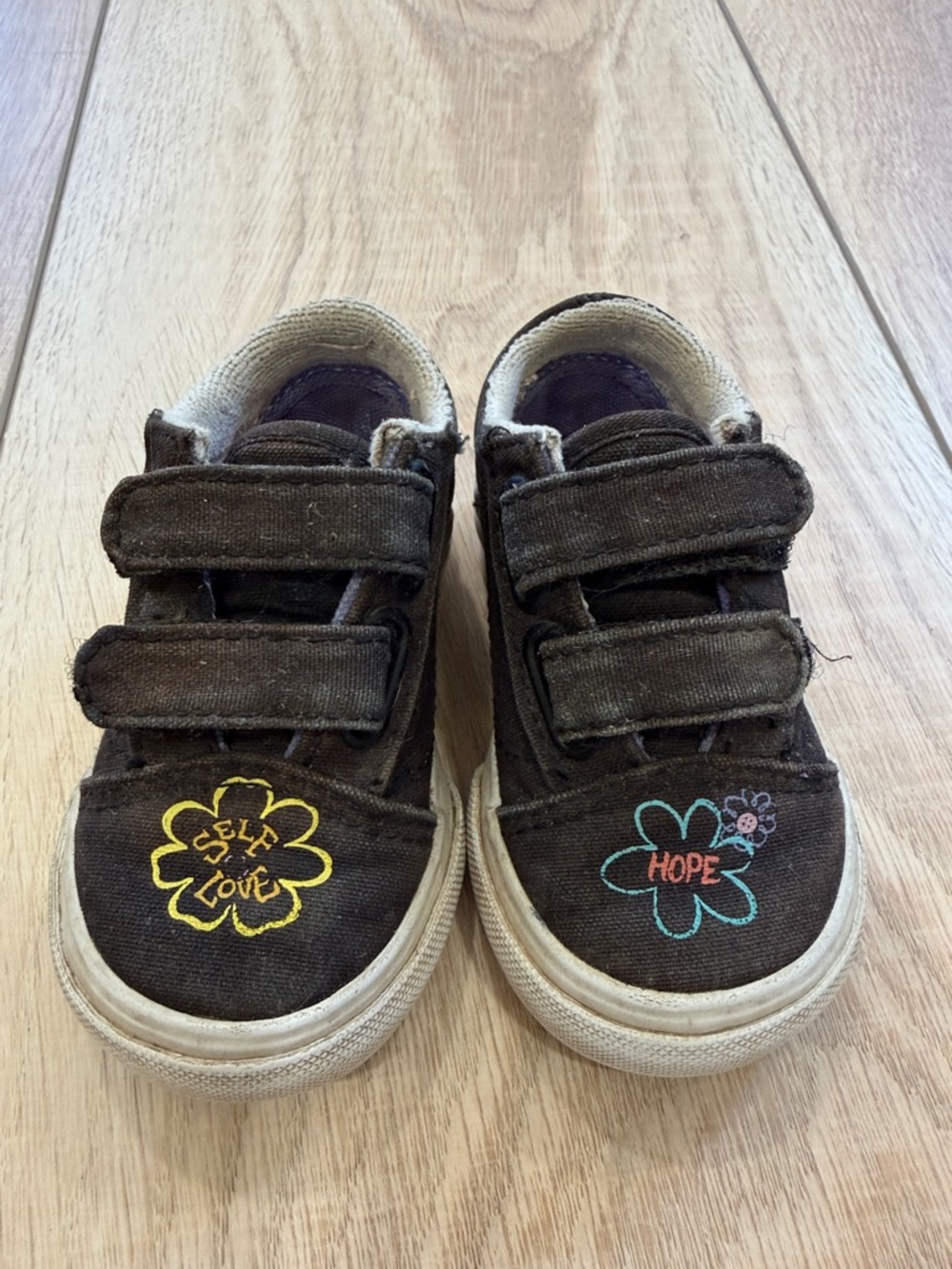 Vans Kids toddler Brown Canvas Velcro Sneakers with Yellow & Teal Flowers